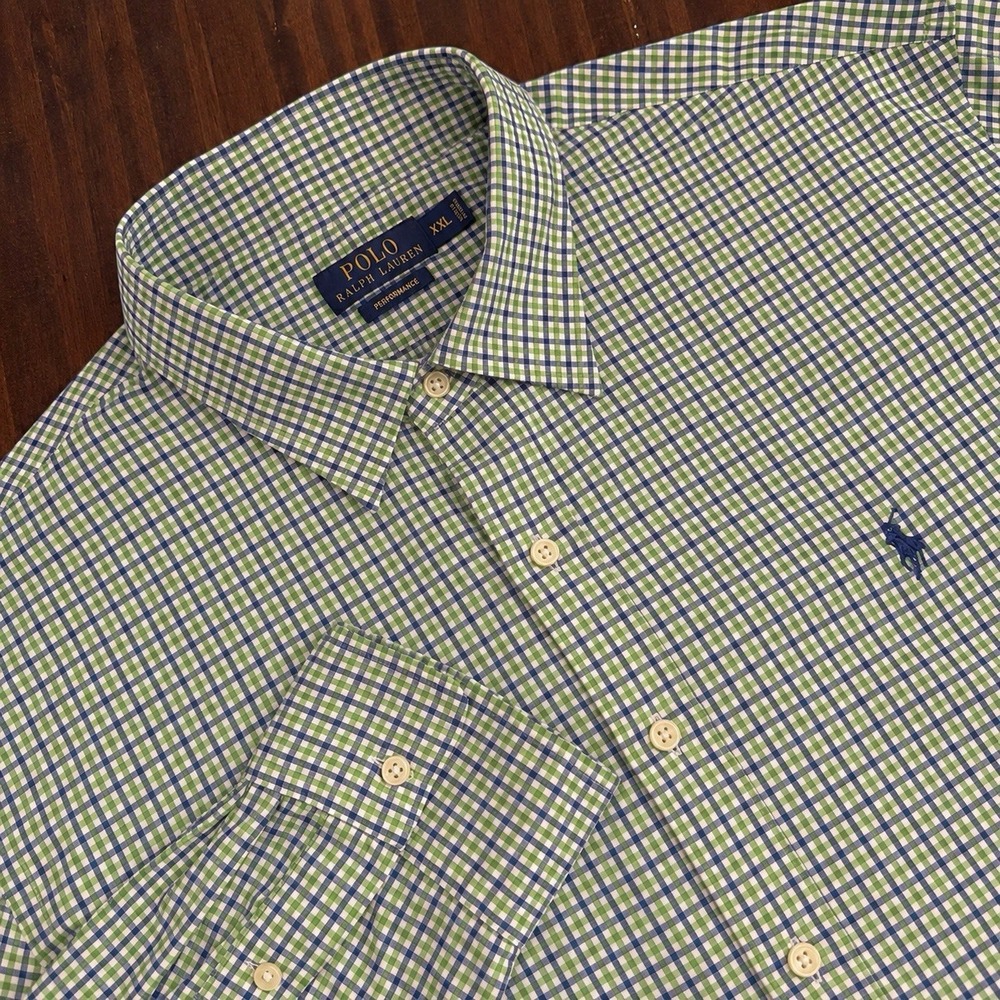 Polo Ralph Lauren Performance Men's Dress Shirt Sz XXL Gingham Check Green Blue